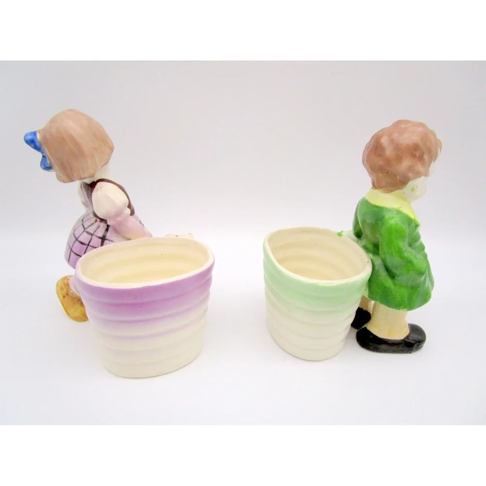 Pair of Vintage Made in Japan Planters Boy Girl Children with White Terrier Dog